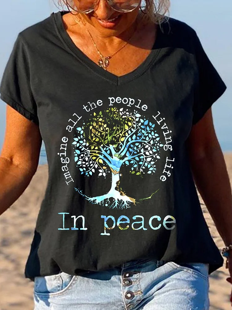 Women's Imagine All The People Living Life Tree Of Life Graphic Tee Short Sleeve Top