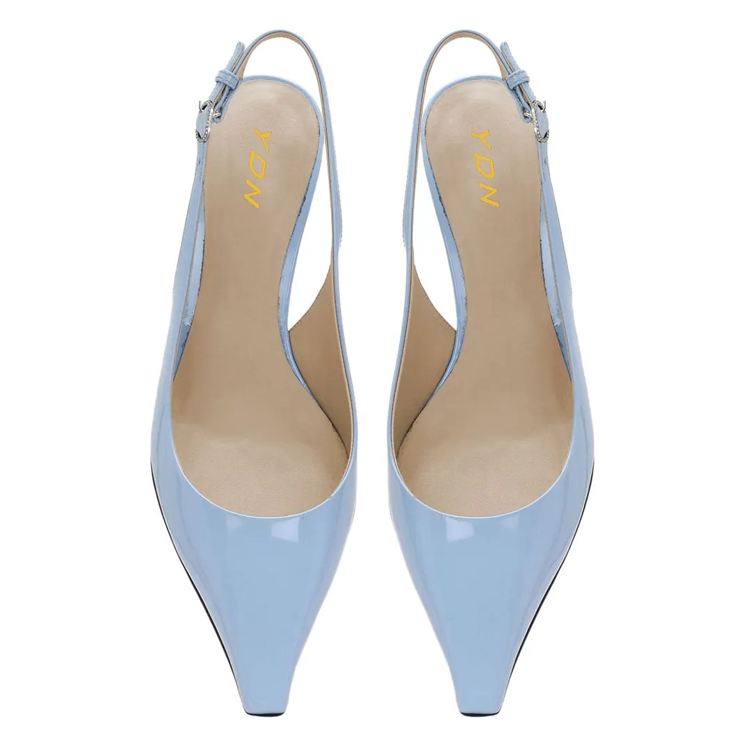 Light Blue Patent Leather Rhinestone Sculptural Heel Slingback Shoes