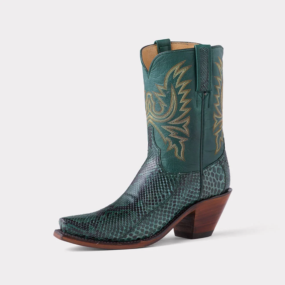 Green Python Embossed Snip Toe Cowgirl Boots with Embroidery