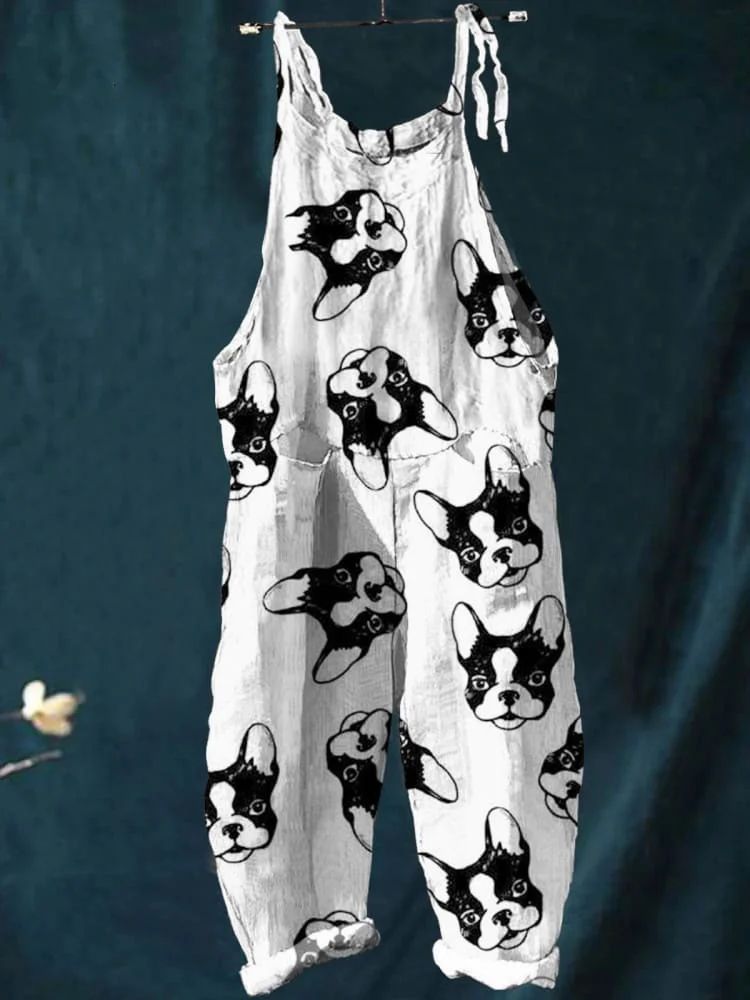 Women's   Dog  Art  Print Casual 100% Cotton Wide Leg Jumpsuit