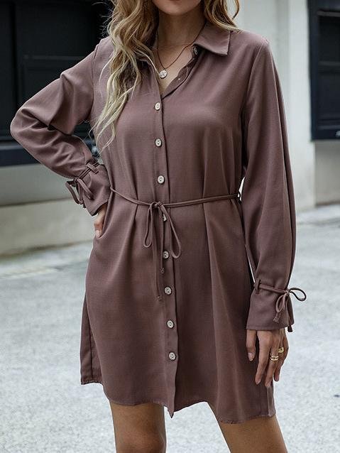 Women's Solid Color Lapel With Lace-Up Long-Sleeve Shirt Midi Dress