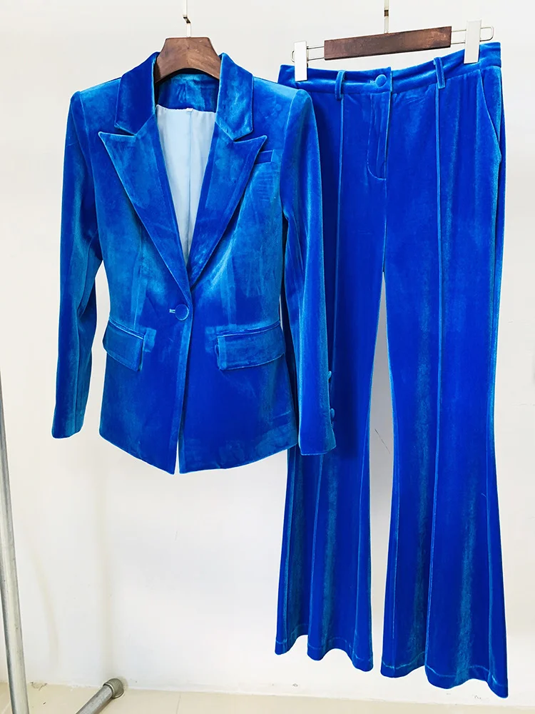 Nigikala Nigikala And Winter 2025 New Women's Professional Fashion A Buckle Gold Velvet Suit Jacket + Horn Pants Set Two Sets