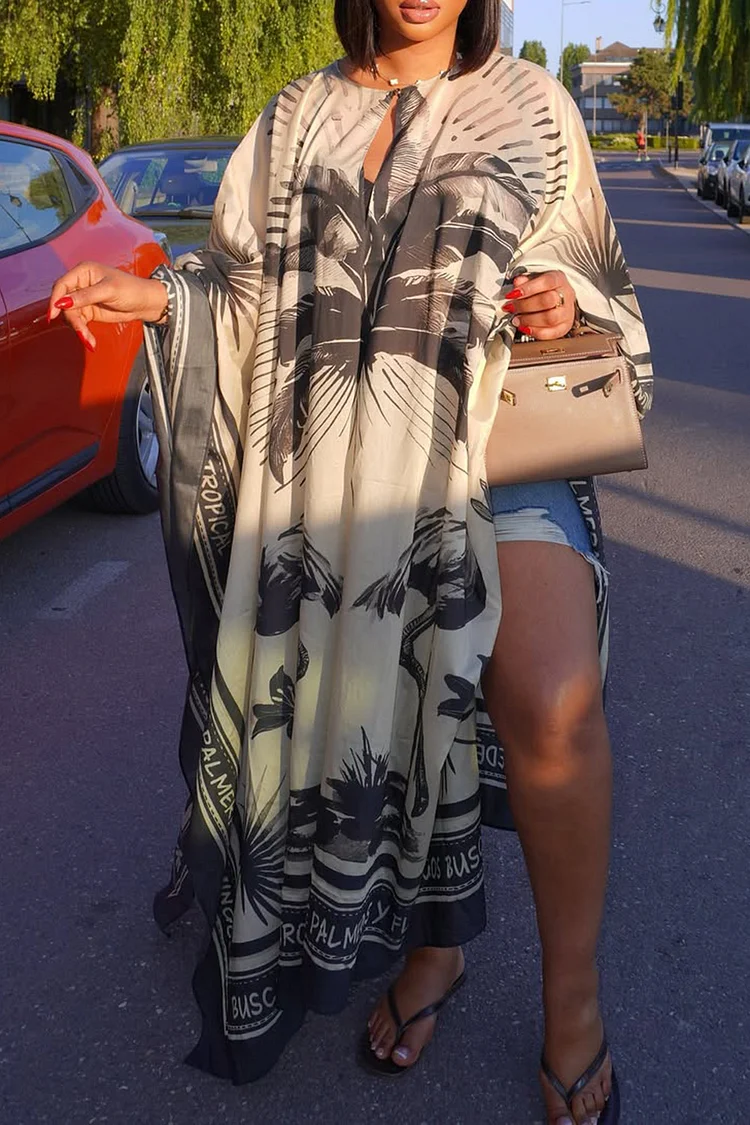Plus Size Daily Grey All Over Print Round Neck Batwing Sleeve Split Casual Chiffon Blouses [Pre-Order] 2024 - Xpluswear