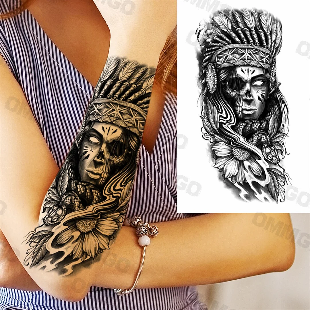 Sdrawing Rose Flower Skeleton Temporary Tattoos For Women Adult Girl Lion Tiger Crown Fake Tattoo Body Art Painting Tatoo Decal