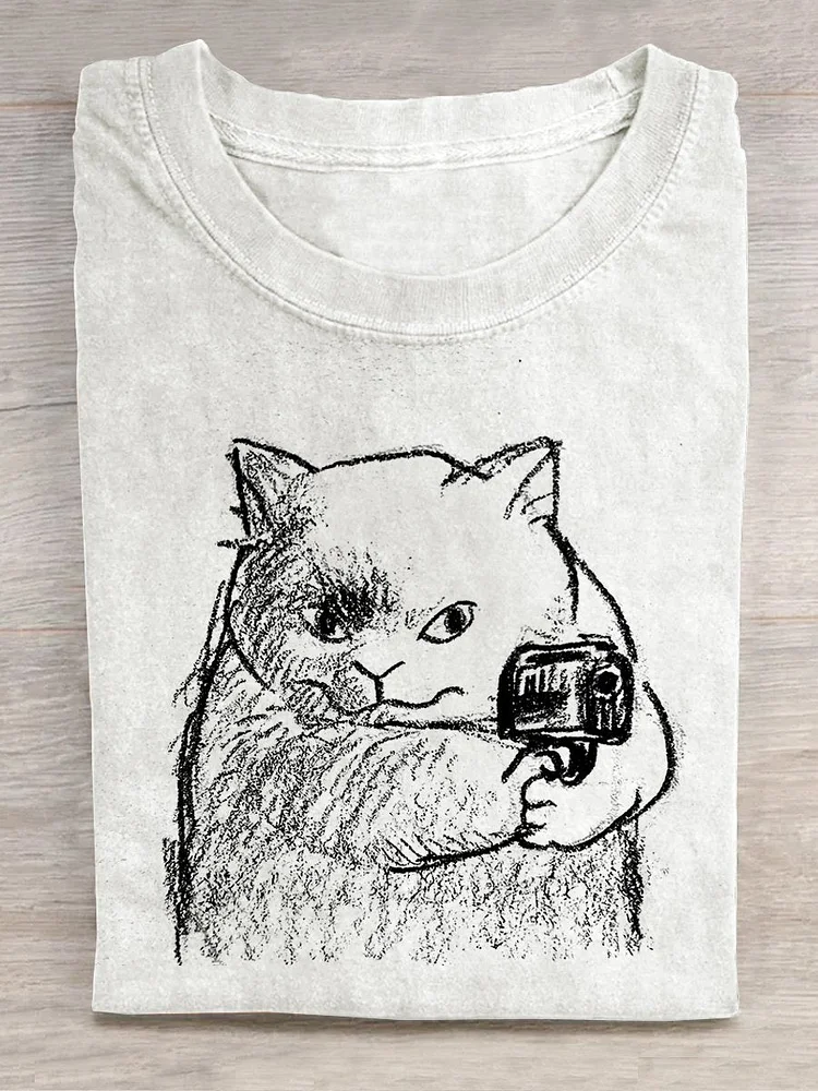 Retro Cute Cat Art Funny Casual Print T-shirt