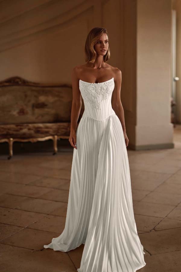 Elegant Cream Pleated Gown with Appliques  Strapless Wedding Dress