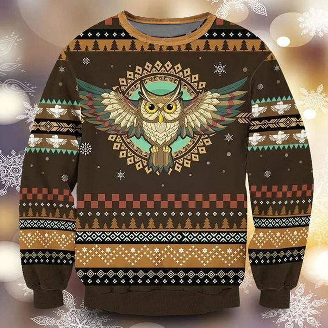 Unisex Native American Owl Funny 3D All Printed Ugly Christmas Sweatshirt