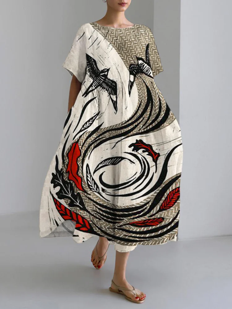 Comstylish Japanese Line Art Linen Blend Maxi Dress