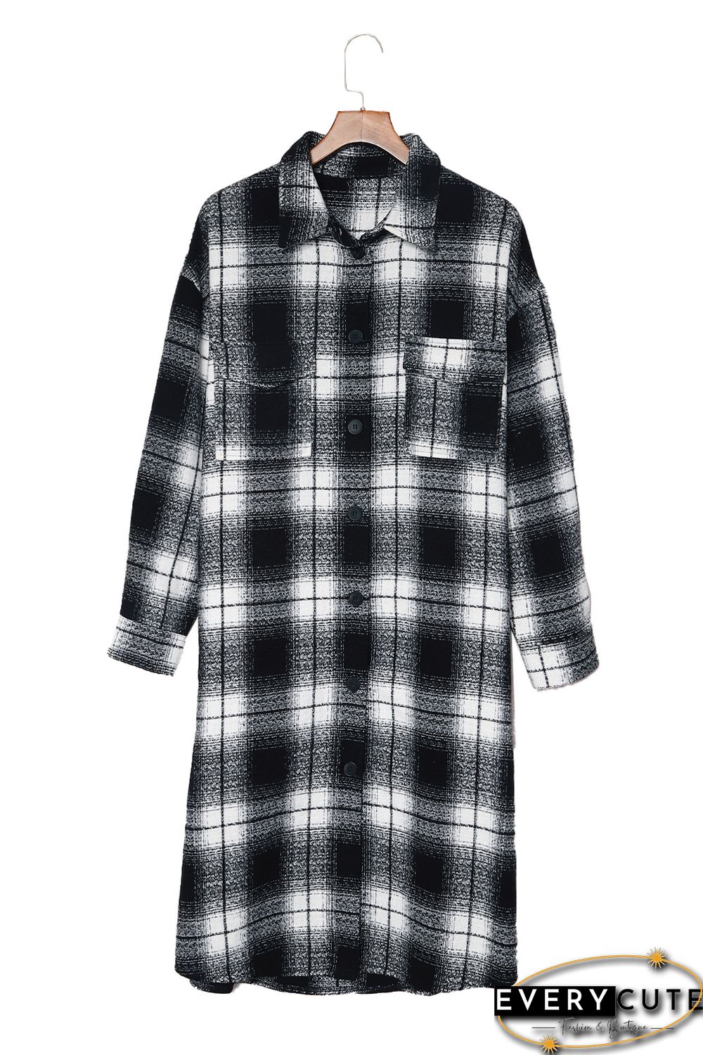Black Plaid Print Buttoned Pocketed Long Sleeve Long Coat