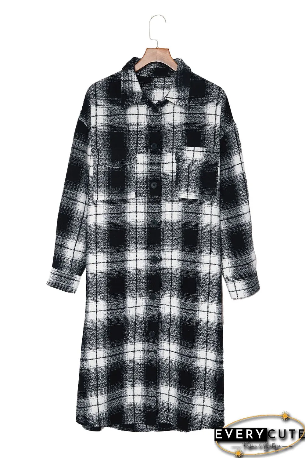 Black Plaid Print Buttoned Pocketed Long Sleeve Long Coat