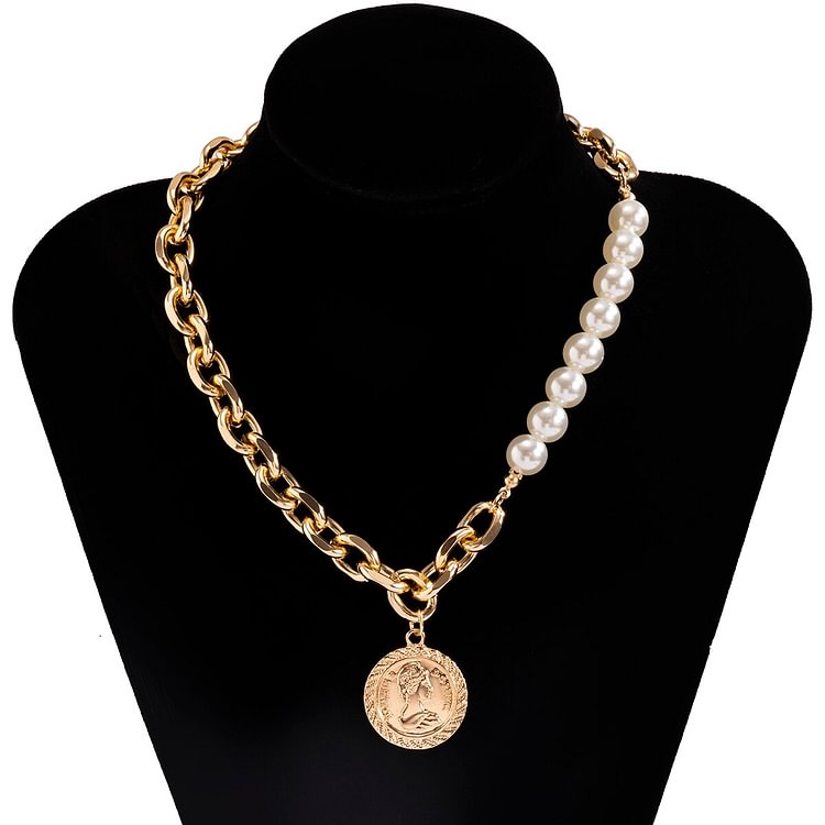 Vintage Asymmetric Pearl Chain with Coin Pendant Choker Necklace