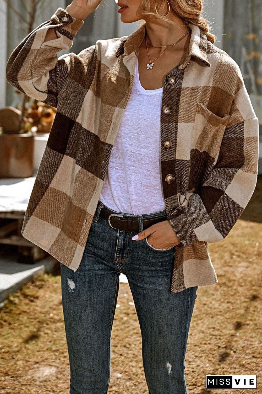Casual Plaid Print Long Sleeve Coat