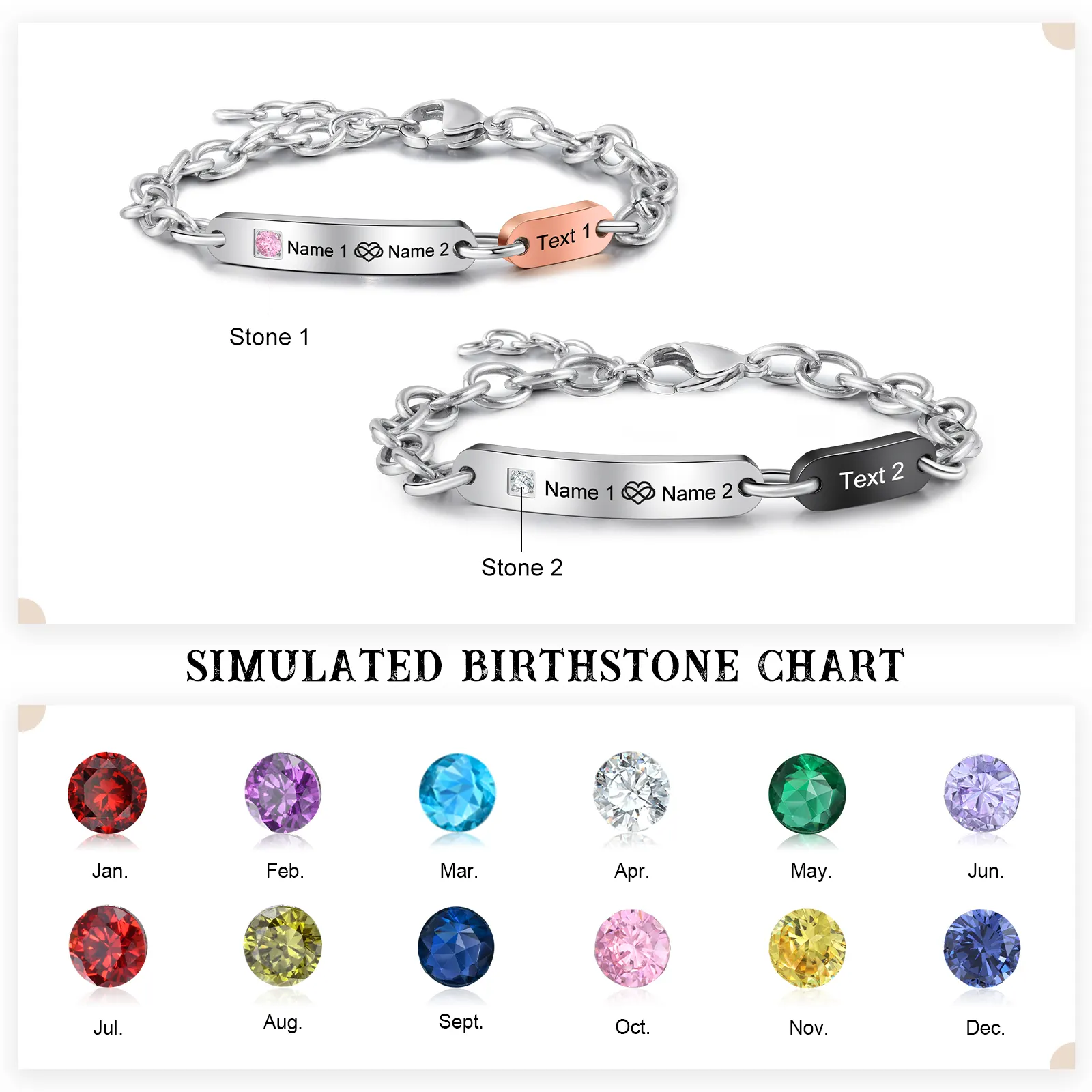 Bracelet Couple Personnalisé Chaîne Figaro Argent - Gravure Nom/Date, Acier Inoxydable Réglable Amour/Amitié