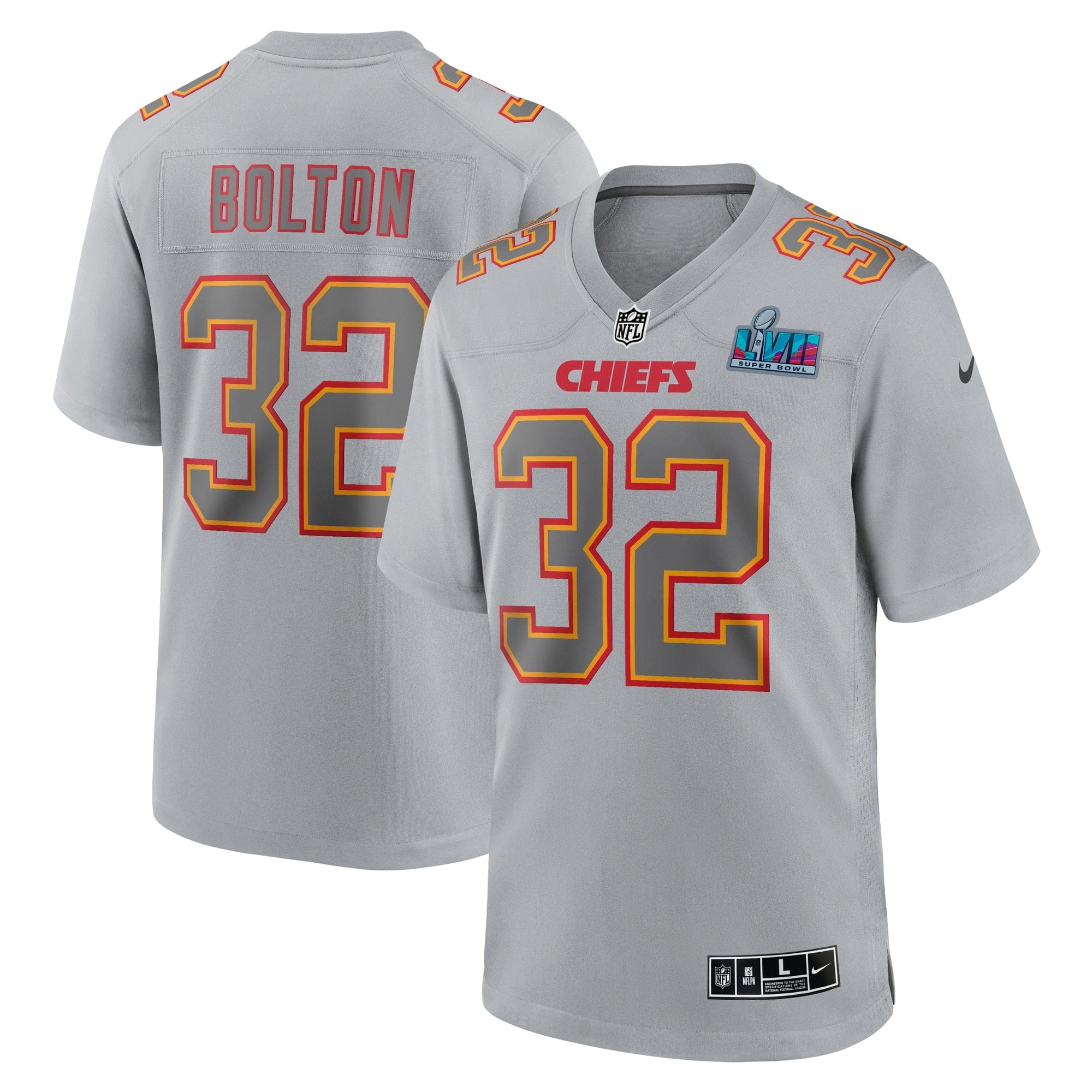 Nick Bolton Kansas City Chiefs Nike Super Bowl LVII Patch Atmosphere Fashion Game Jersey - Gray mysite