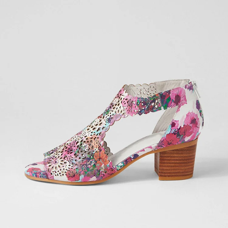 FSJ Multicolor Floral Print Laser-cut Stacked Block Heel Sandals |FSJ Shoes