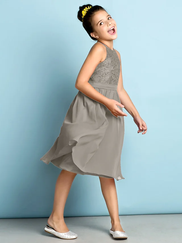 Daisda A-Line Jewel Neck Knee Length  Flower Girl Dress With Lace 