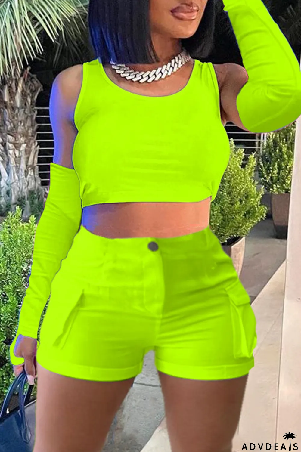 Khaki Casual Solid Basic O Neck Four Piece Set (With Sleeves)