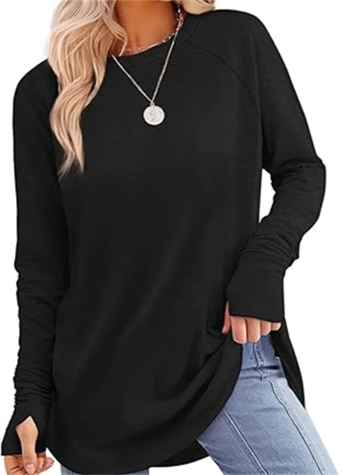 Women's Round Neck Solid Color Long-sleeved Top Loose Mid-length T-shirt-JRSEE