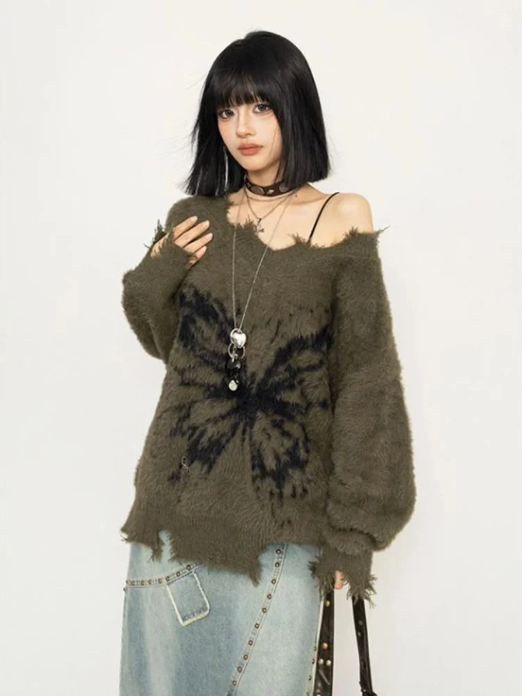 Brownm Grunge Butterfly Fluffy Sweater