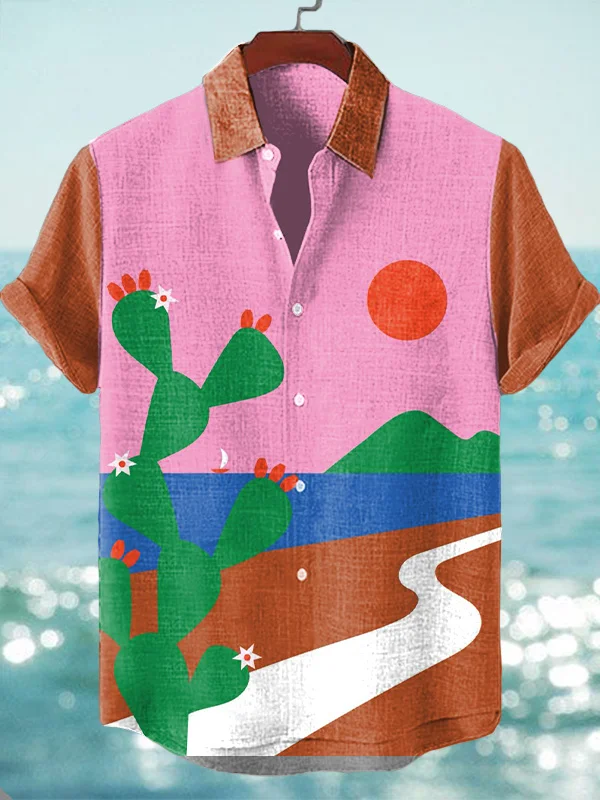 Men's Seaside Sunset Cactus Art Print Vacation Shirt