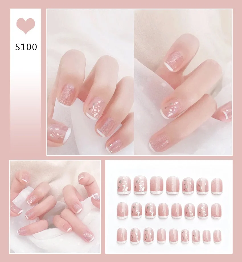 24pcs Full Cover Fake Nails Art Tools Matte Press on Coffin French Acrylic False Nail Tips With Glue Display Artificial Designs-Nail Inspo