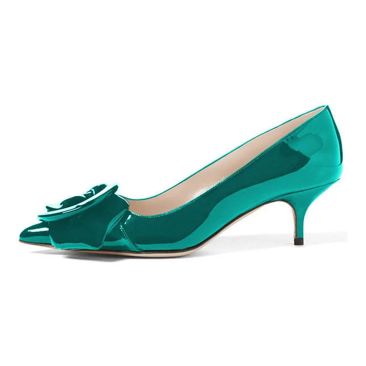 Teal Mirror Leather Pointy Toe Kitten Heels Pumps with Buckle |FSJ Shoes