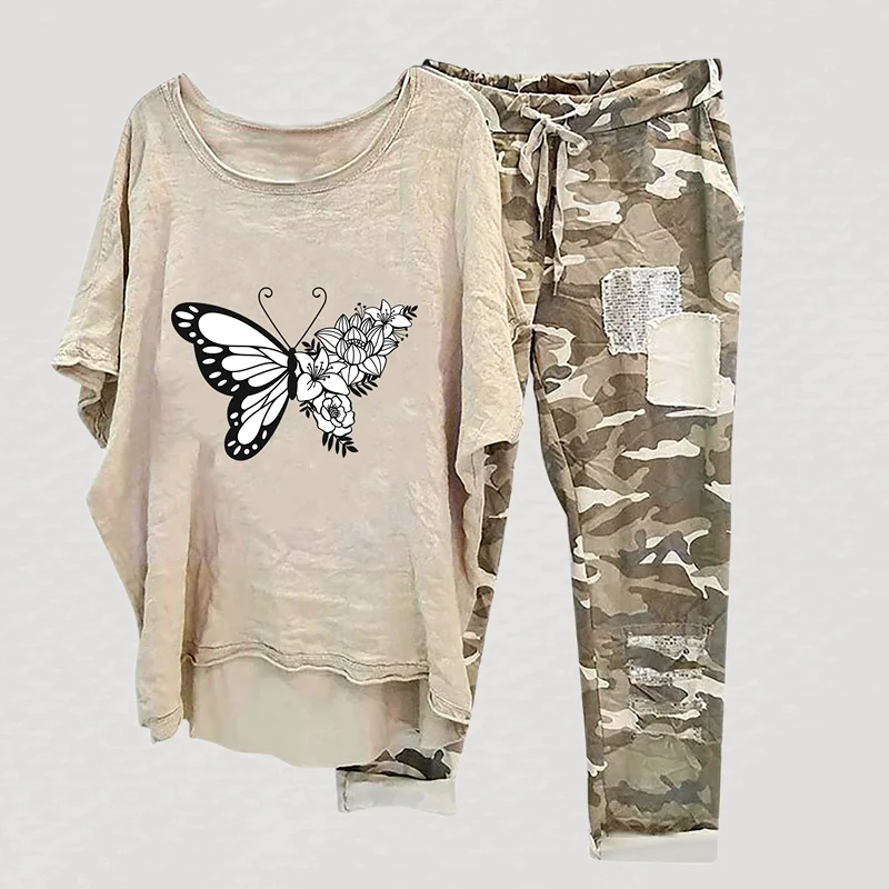 Women's Fashion Butterfly Printed Two Piece Casual Set