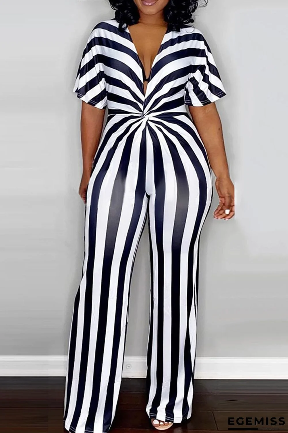 Black Casual Striped Print Patchwork Knotted V Neck Straight Jumpsuits | EGEMISS