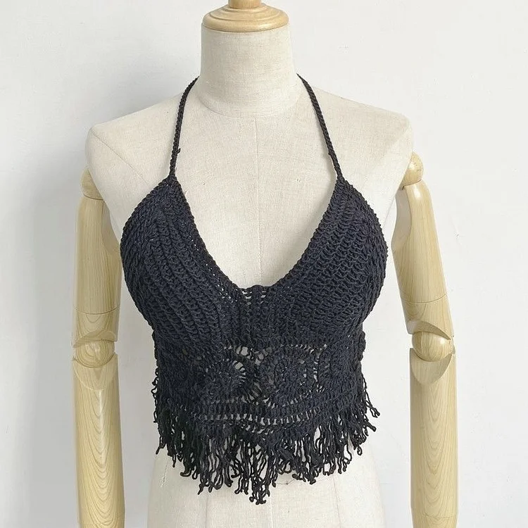 Fitvitalsupplement Colorful Thread Crochet Skeletonized Camisole Beach Swimsuit Bikini Inside and Outside Beauty Halter Neck Lace-up Chest Pad Top