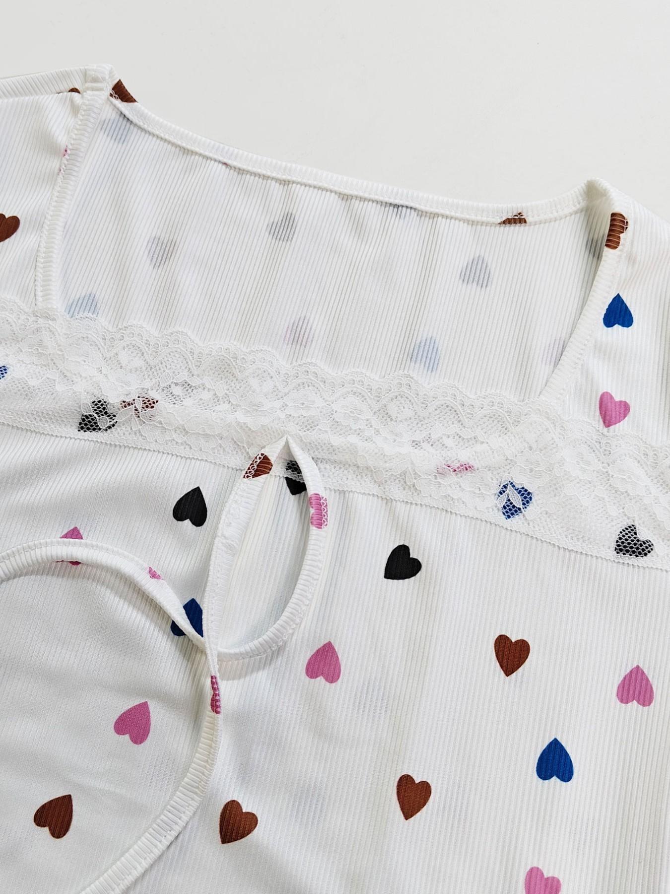 Women's Heart Print Short Sleeve Sleepwear Set, Breathable Fabric, Soft and Comfortable, Indoor Outdoor Wear, Casual Home Clothes Two-Piece Pajama Set Loungewear