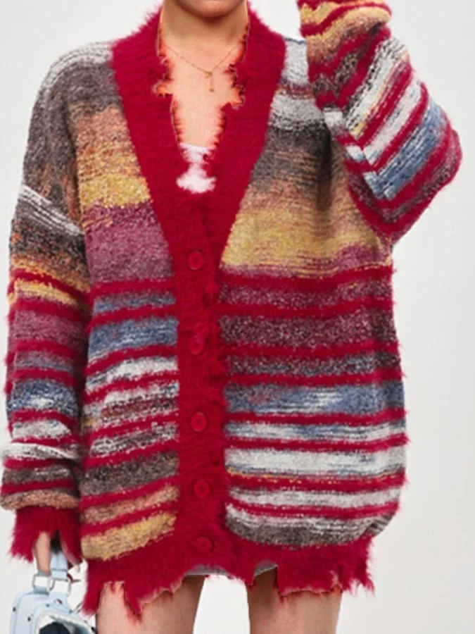 Women's Fall Winter Fashion Slouchy Stripe Button Front Sweater Coats