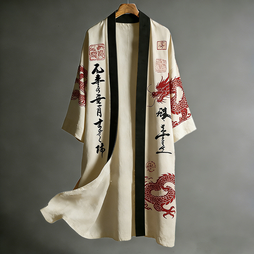 Retro Japanese Dragon Art Flowing Black And Red Contrasting Linen Long Kimono mysite idetrend