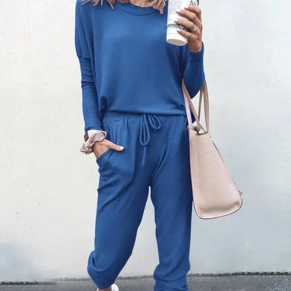 Athvotar Athvotar Spring And Autumn Women's New Women's Loose-Fitting Solid-Colored Drawstring Long-Sleeved Casual Set