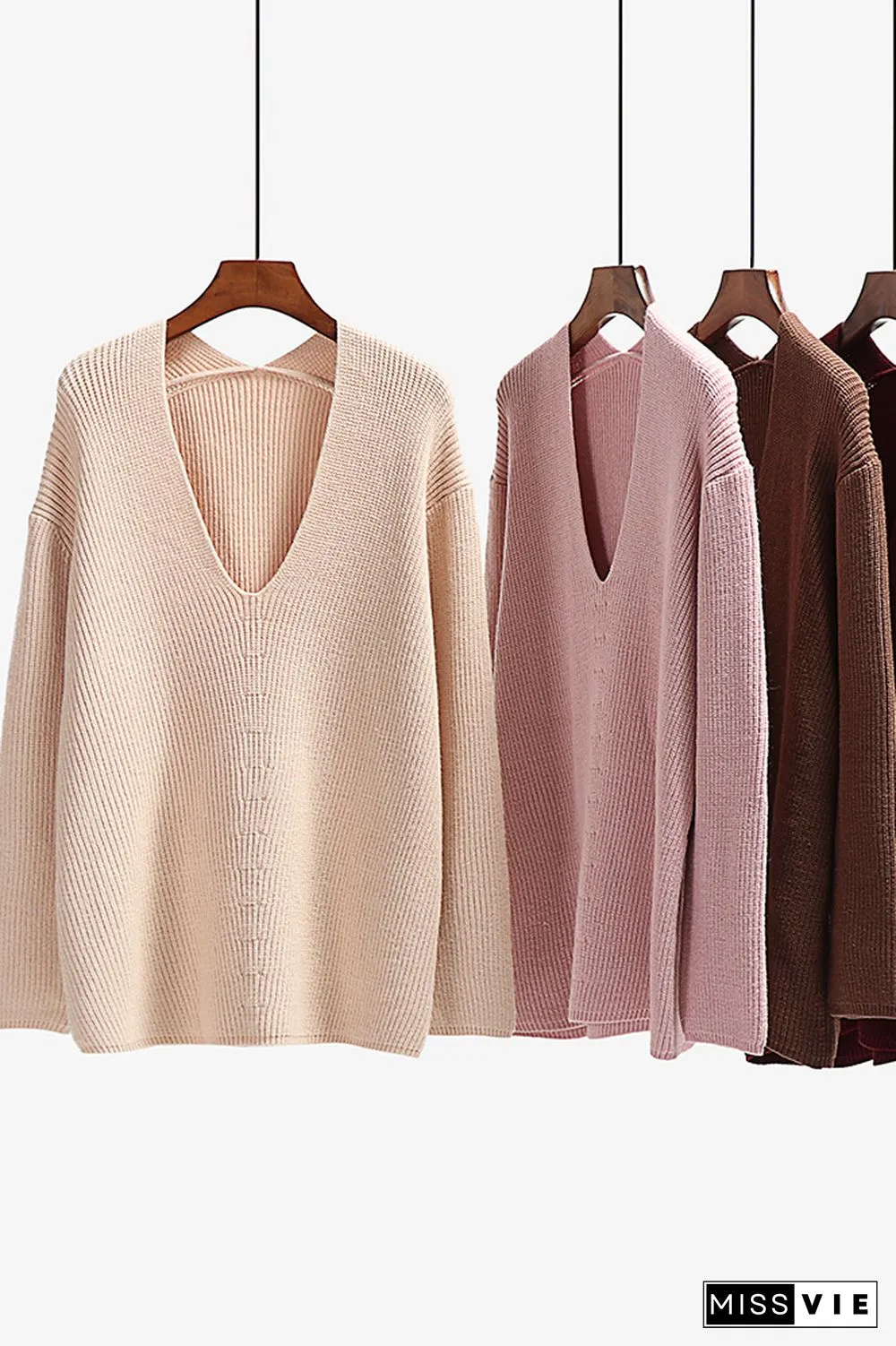 V-neck Long Sleeves Loose Solid Color Pullover Sweater Wholesale