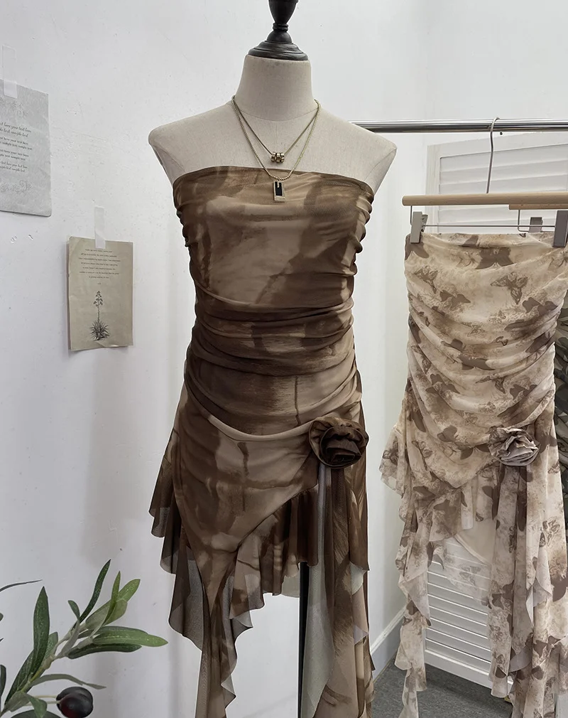 Uveng Solid Shot Tie Net Yarn Printing Irregular Ribbon Three-Dimensional Flowers Small Man With Chest Short Skirt Dress Dress 6652