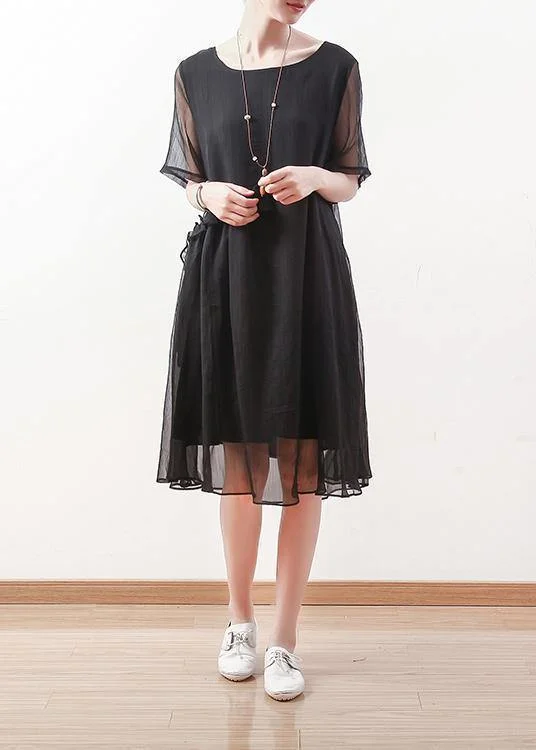 Italian black chiffon dresses Casual o neck Cinched long summer Dress