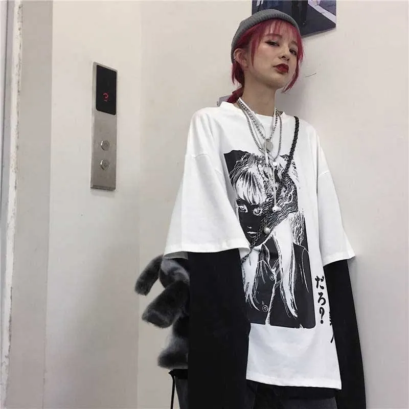 NiceMix Harajuku T-shirt Women Fake 2 Pieces Print Japanese Fujiang Horror Comics Long Sleeve Shirt Women Vetement Femme 2020