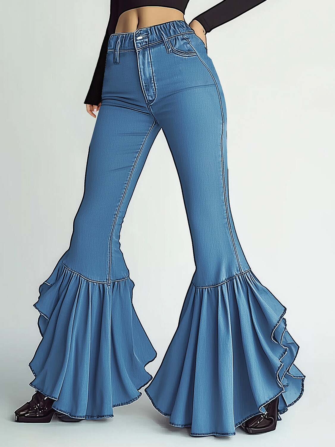 Ursime Denim Ruffle Hem Bell Bottom Jeans