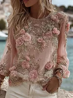 Women's Pink Roses Embroidery Art Pattern Long Sleeve T-shirt