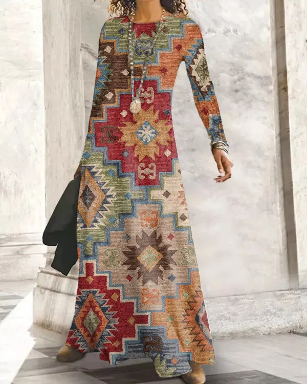 Ethnic Long Sleeve Crew Neck Casual Dresses