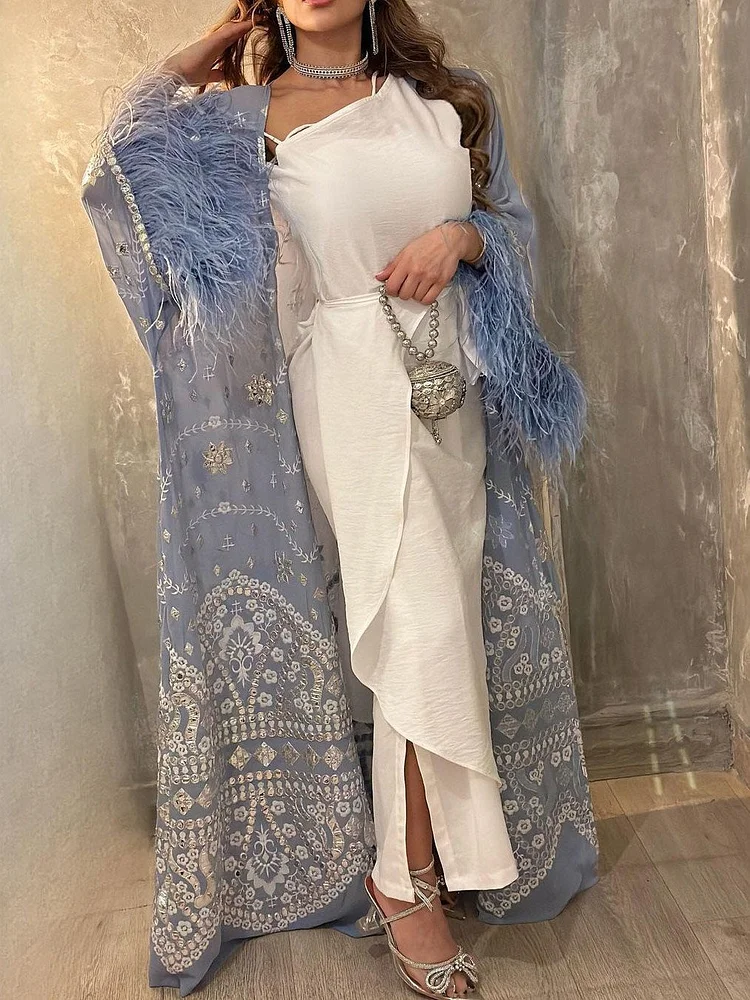 Sexy Sloping Shoulder Dress and Floral Pattern with Tassel Tunic Set