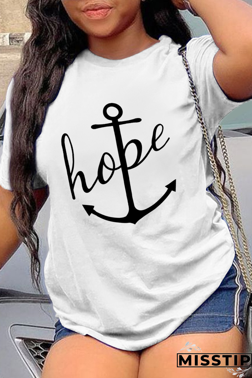 White Fashion Street Print Patchwork O Neck T-Shirts