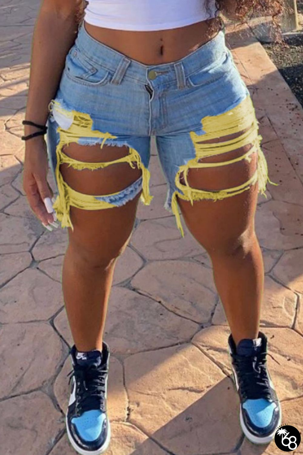 Yellow Casual Solid Ripped High Waist Skinny Denim Shorts | 168DEAL
