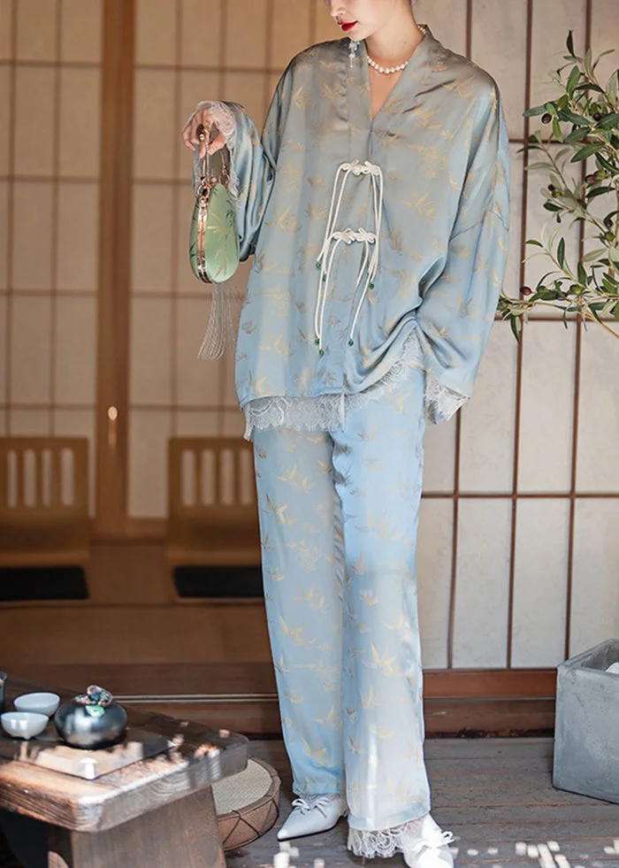 Vintage Light Blue Chinese Button Tassel Lace Patchwork Ice Silk Pajamas Two Piece Set Spring