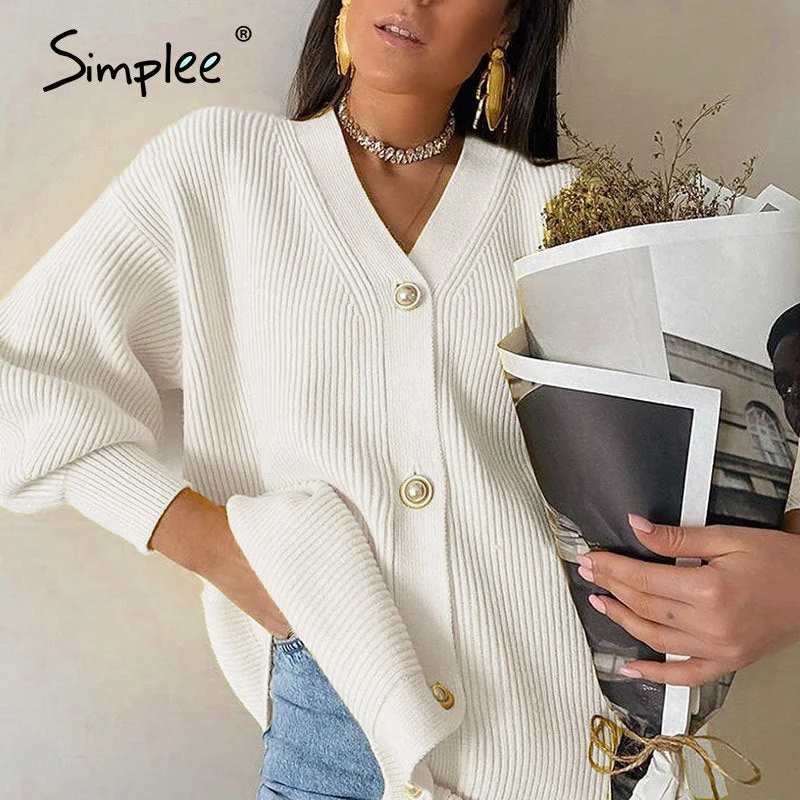 Simplee Casual long knitted cardigan female autumn winter Loose lantern sleeve sweater cardigan Basic white button women's tops