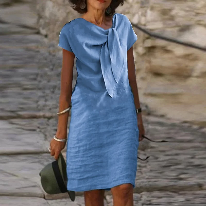 Billionm Female Slim A Line Dress Elegant Women Cotton Linen Solid Color Mini Dress 2023 Summer Short Sleeve Lace-Up Bow Fold Dress