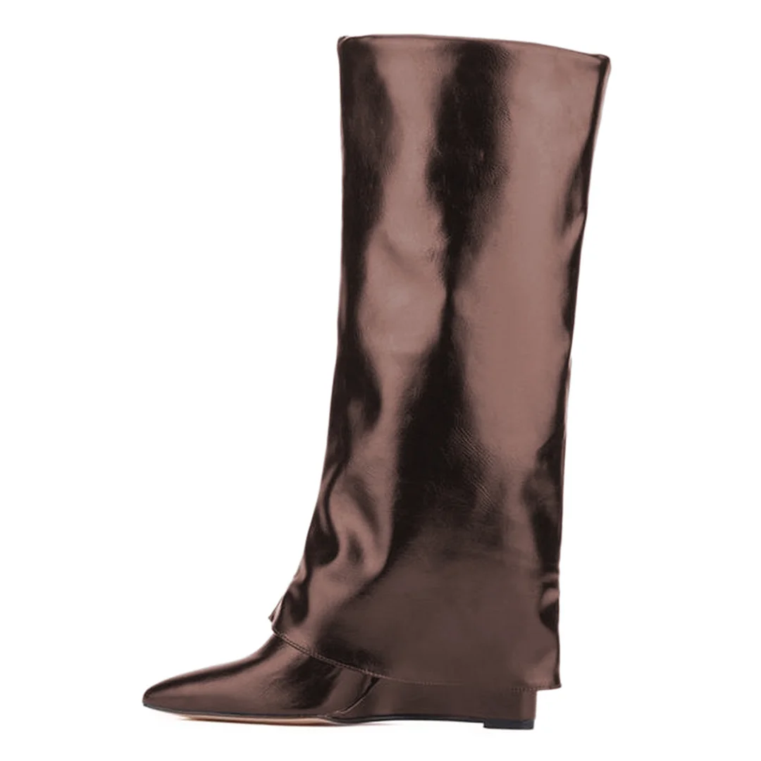 Shiny Dark Brown Vegan Leather Pointed Fold-Over High Heel Boots