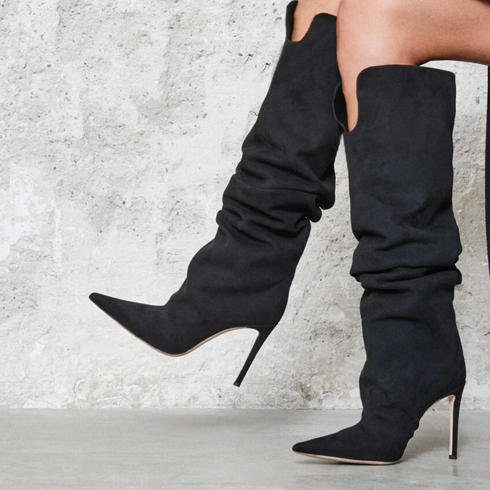Black Pointed Toe Boots Comfort Soft Knee High Boots