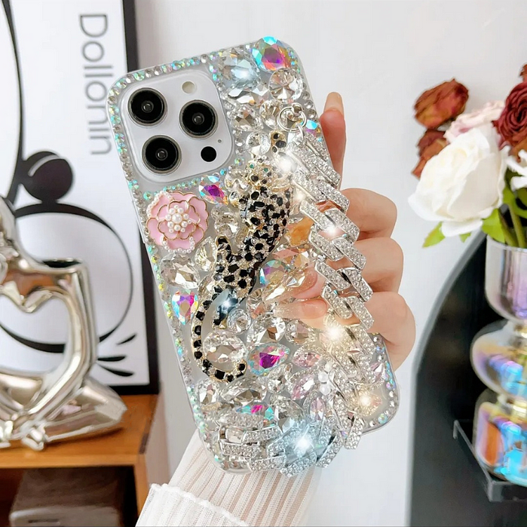 Luxurious Leopard Wristband Full Diamond Phone Case