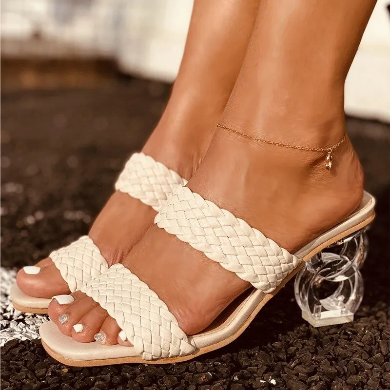 Summer Women Square Toe2021 Slippers Flip Flop Ladies Fashion High Heels Sandals Transparent Women's Casual Shoe Female Footwear